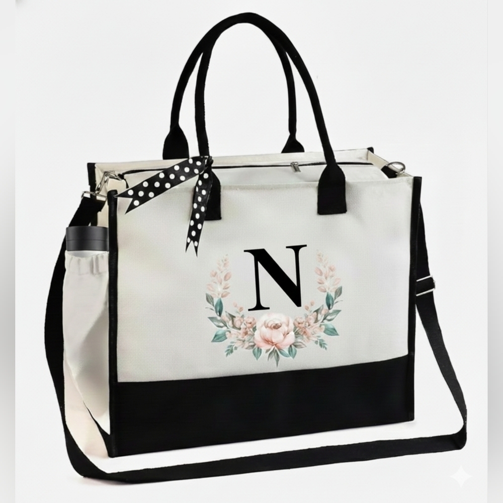 Monogrammed Floral Letter -N- Canvas Tote Bag Zipper Pocket Side Pouch Gift NWT